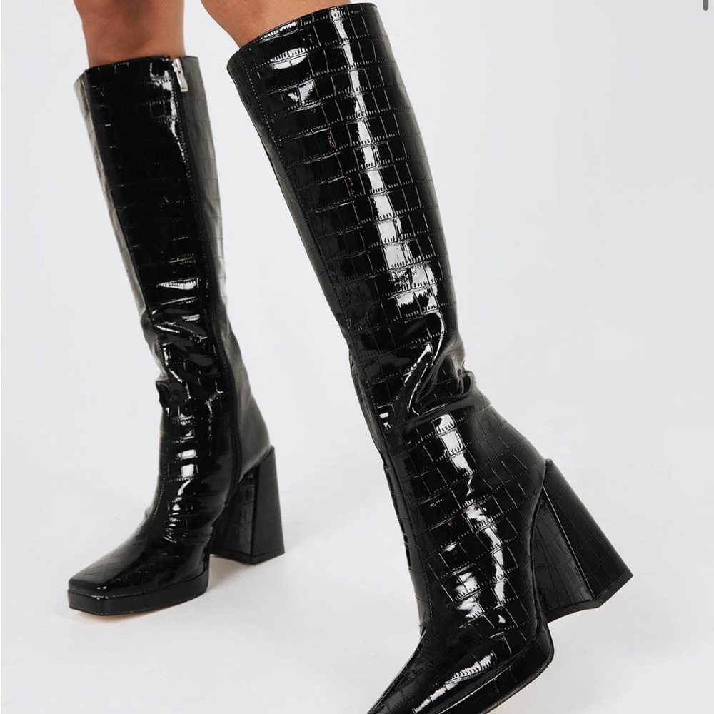 Princess Polly Black Patent Croc Boots